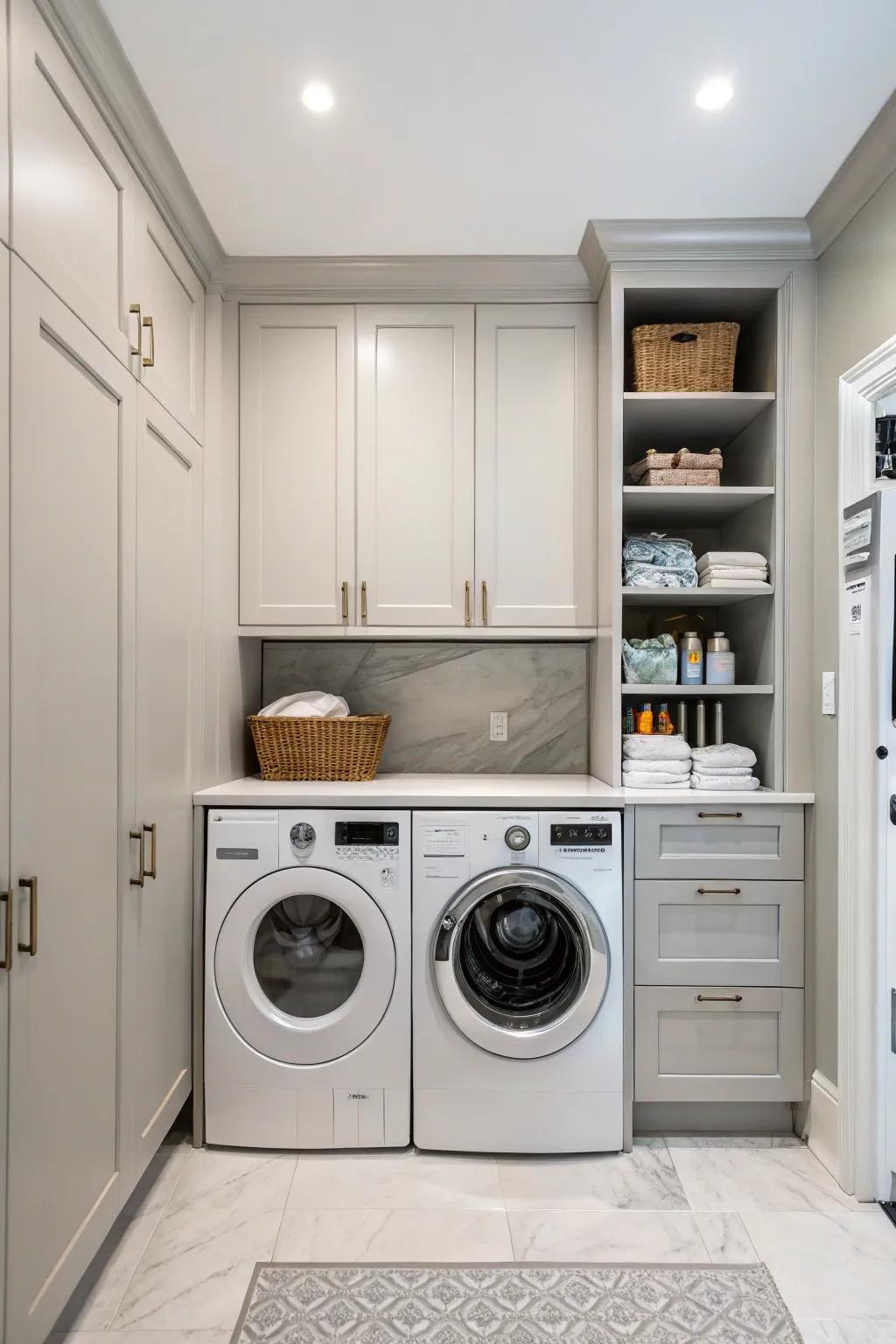 Well-planned cabinetry ensures your laundry items are neatly stored and out of view.