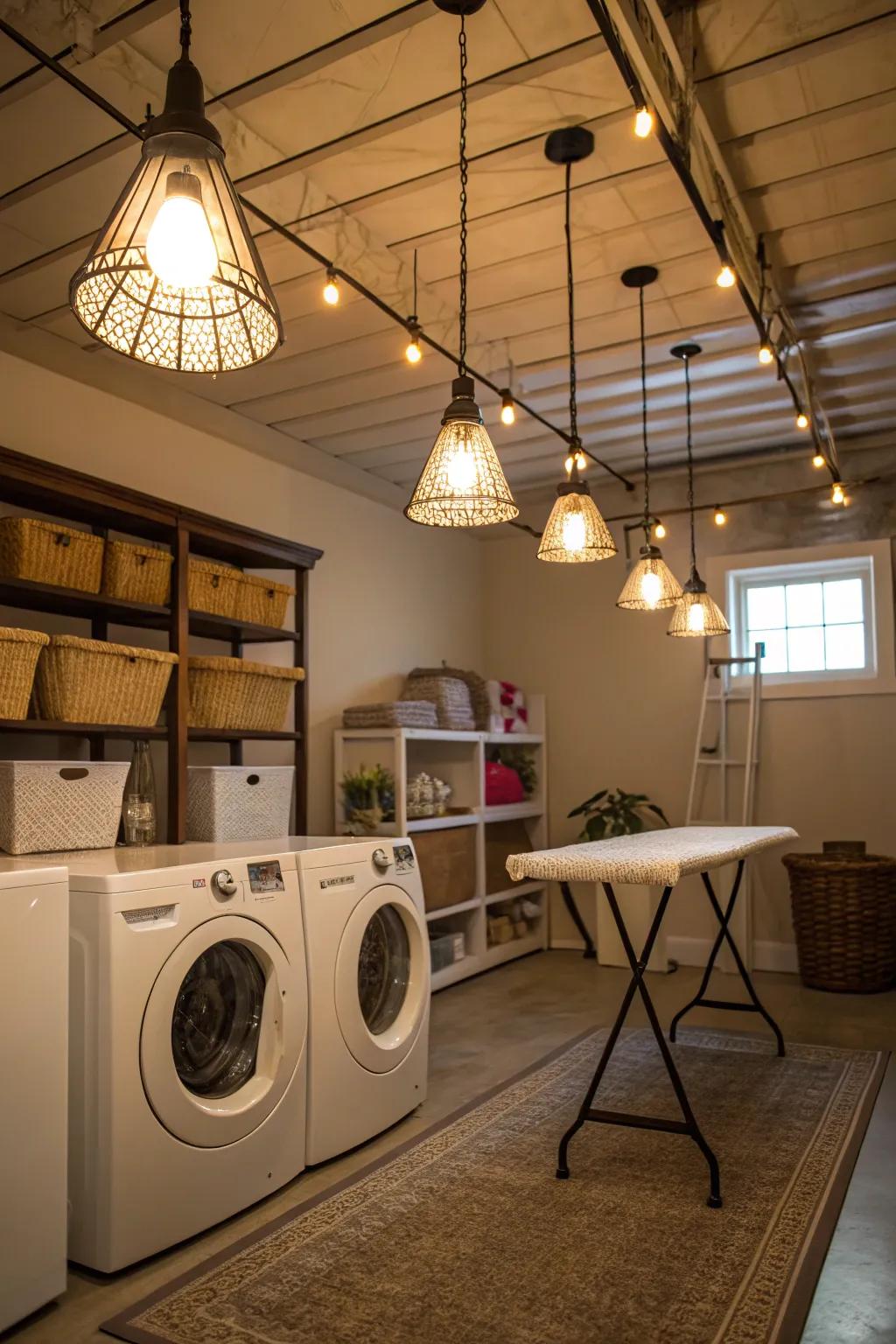 Hanging lights contribute refinement to laundry rooms with tall ceilings.