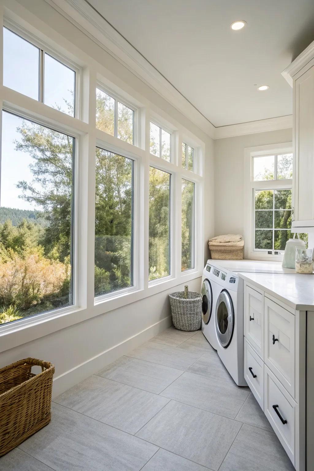 A minimalist laundry room filled with sunlight.