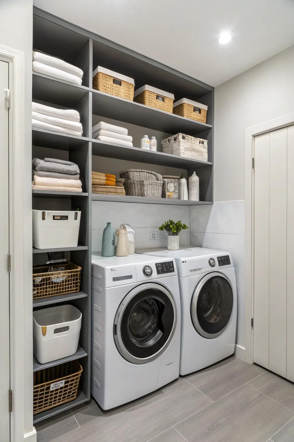 Make use of vertical space by adding shelves above your washing machines.
