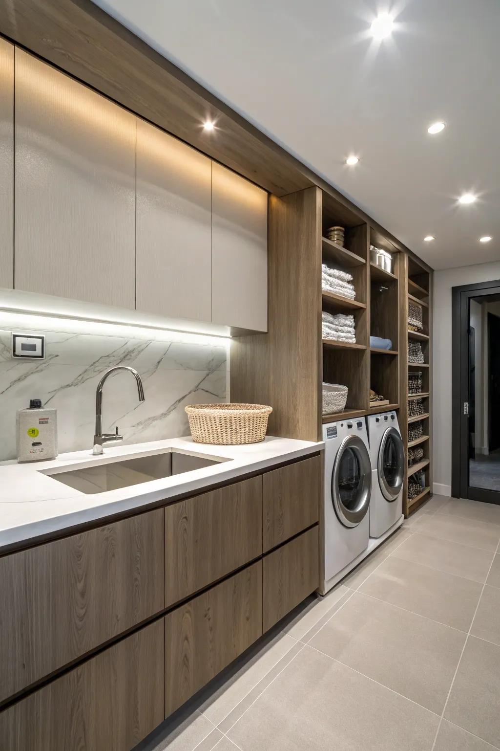 Smooth integration of washbasin and worktop for a contemporary vibe.