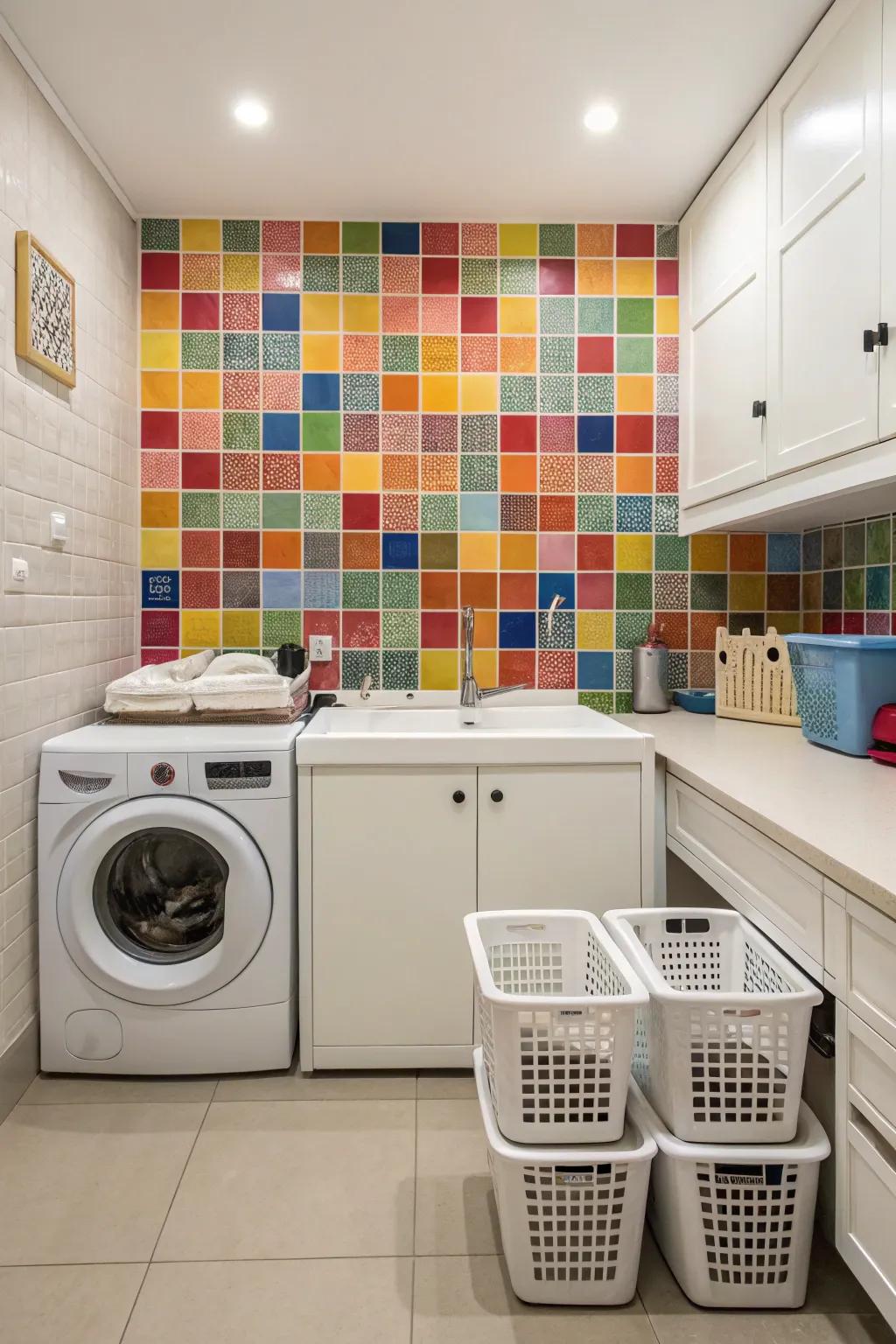 Vibrant tiles bring an energetic vibe to any laundry room.