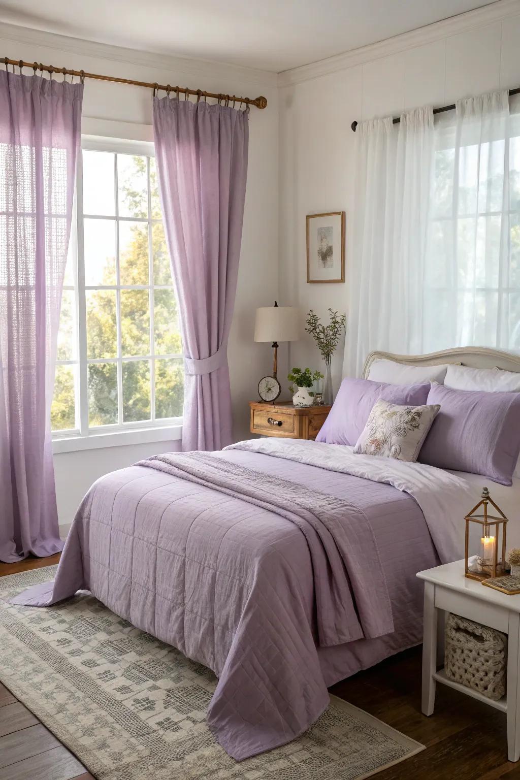 A welcoming bedroom showcasing lavender linens and curtains drenched in gentle morning sunlight.