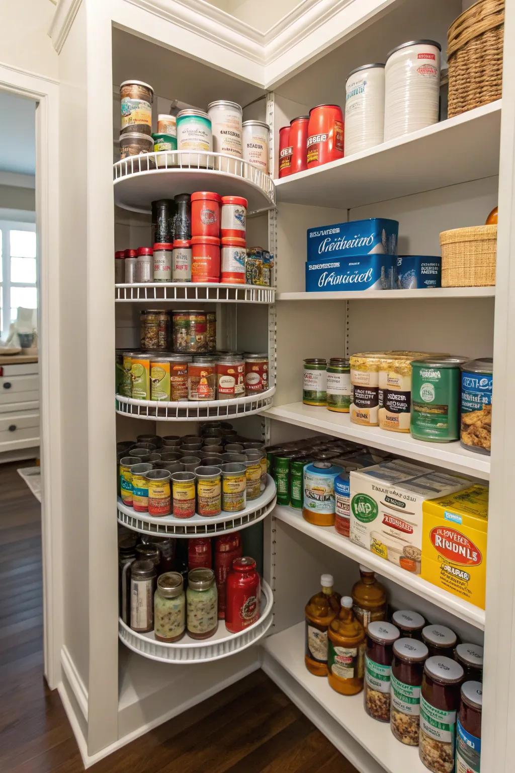 Enhance pantry organization with a spin organizer, ensuring simple access to your canned foods.