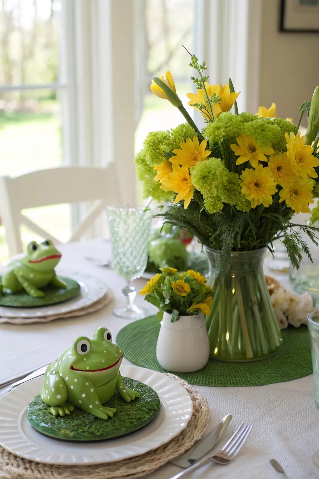 Amphibian-themed centerpieces contribute a spirited component to your Quadrennial Day feast.