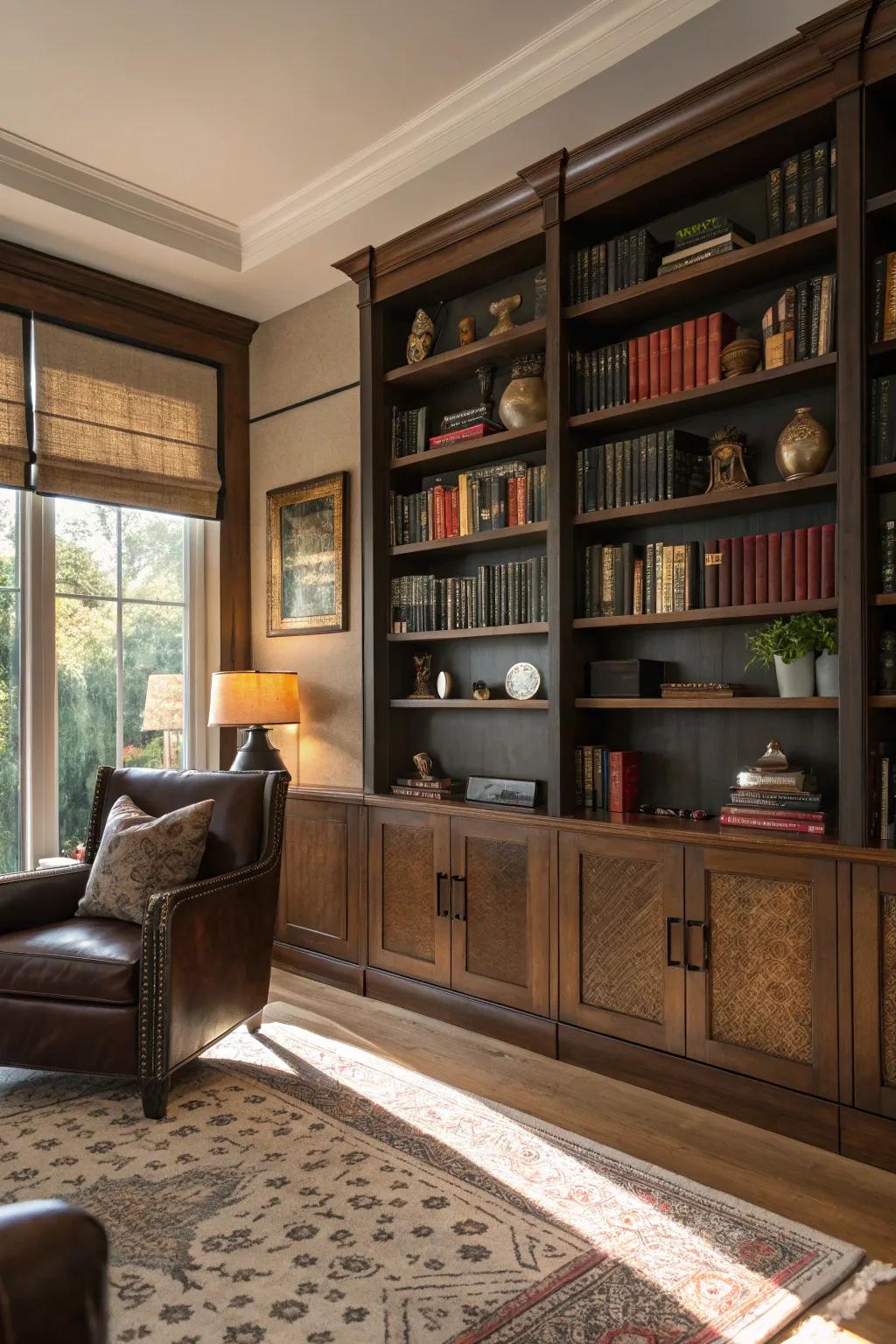 Transform your shelves with hide panels for a touch of luxury.