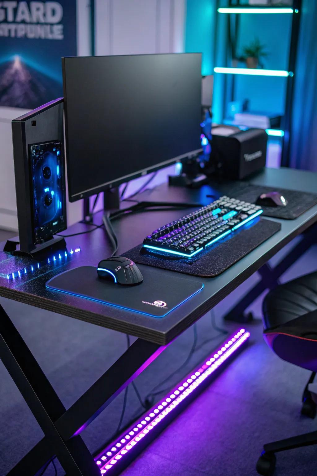 LED strips placed along desk borders create a vibrant gaming setting.