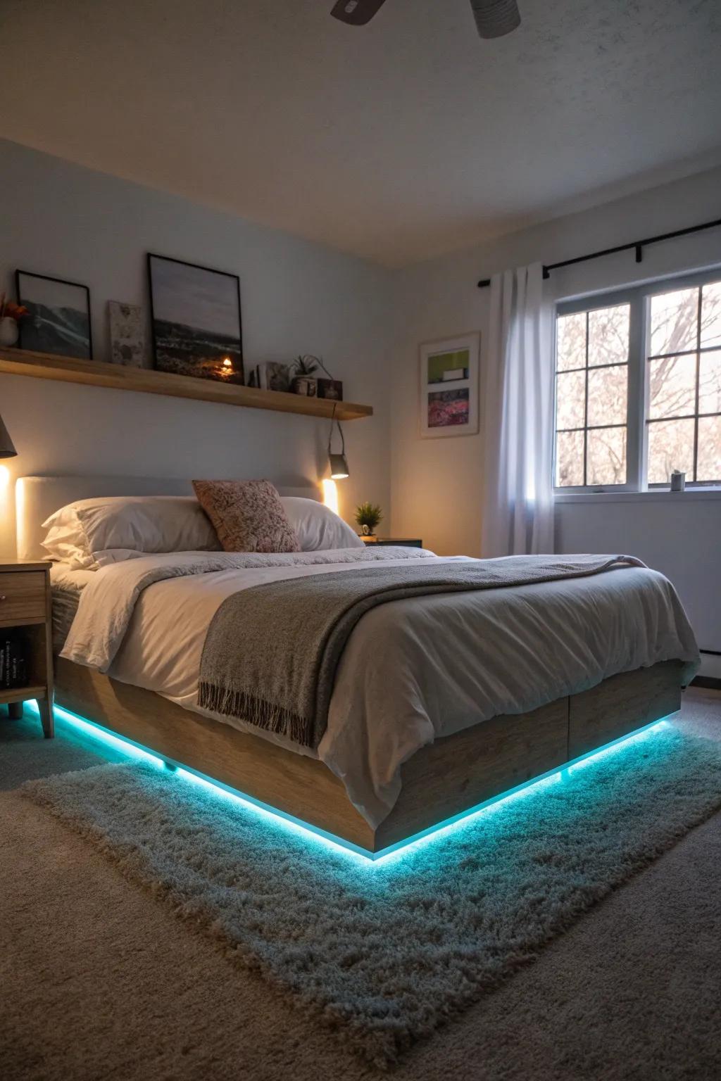 The gentle glow from under-bed LED lighting enhances the calmness of your bedroom.