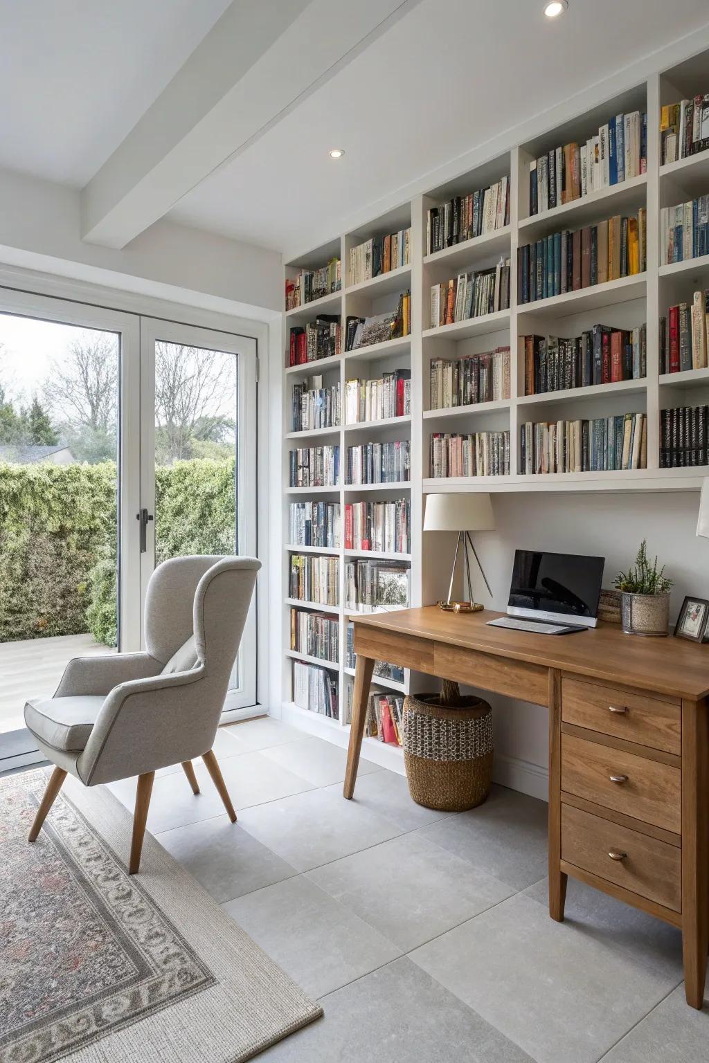 Amplify your area with impressive bookshelves that define the space.