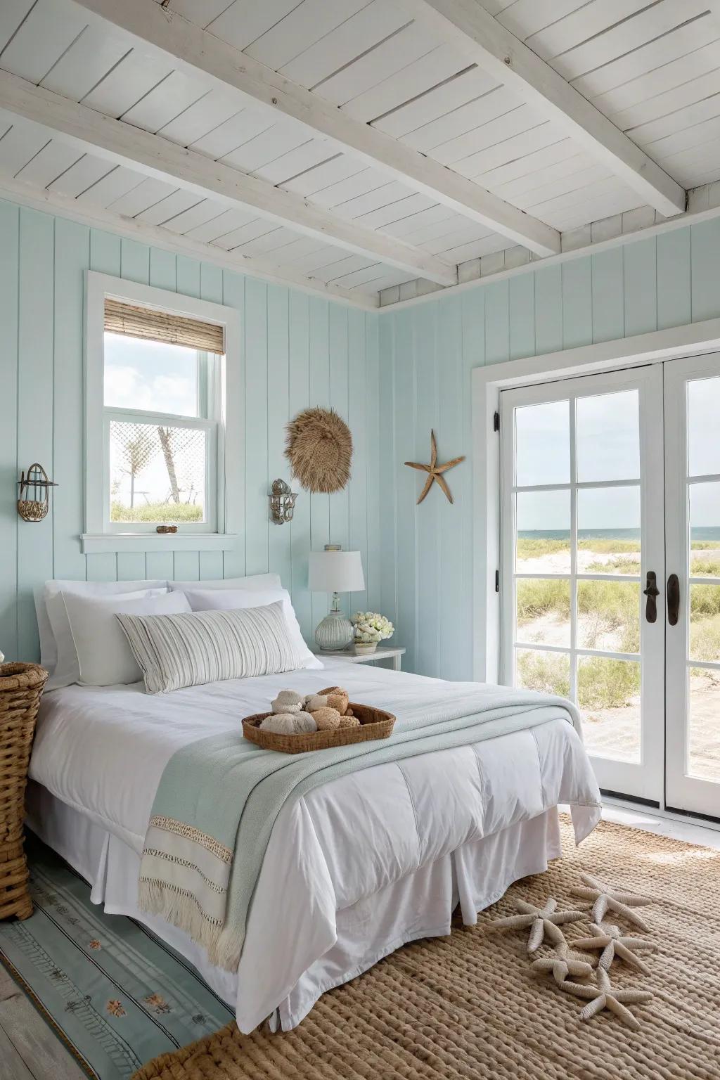 A beach-inspired bedroom with serene light blue walls and white linens for a revitalizing escape.