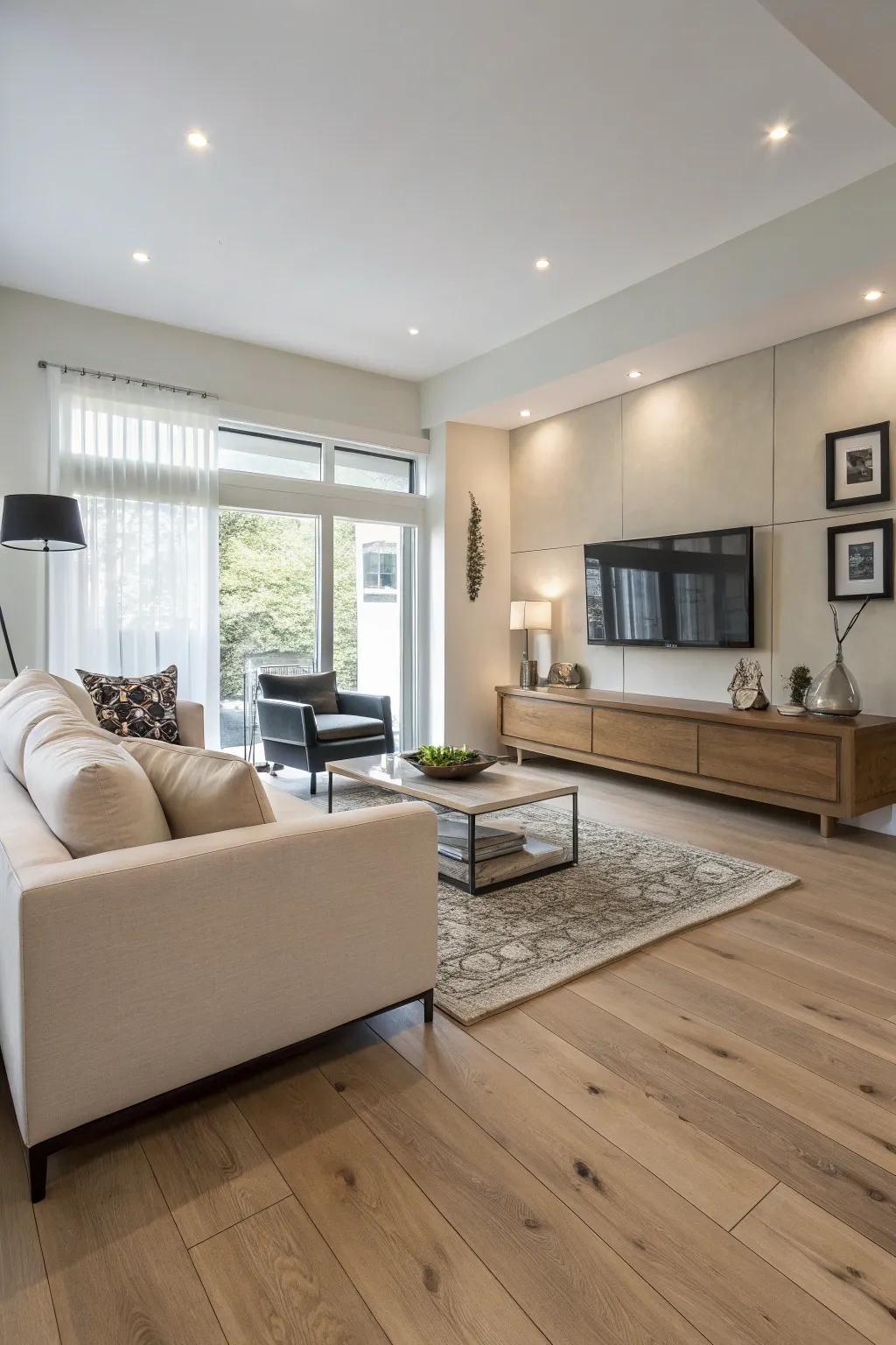 Light blonde maple flooring brings a dash of glamour to this contemporary living space.