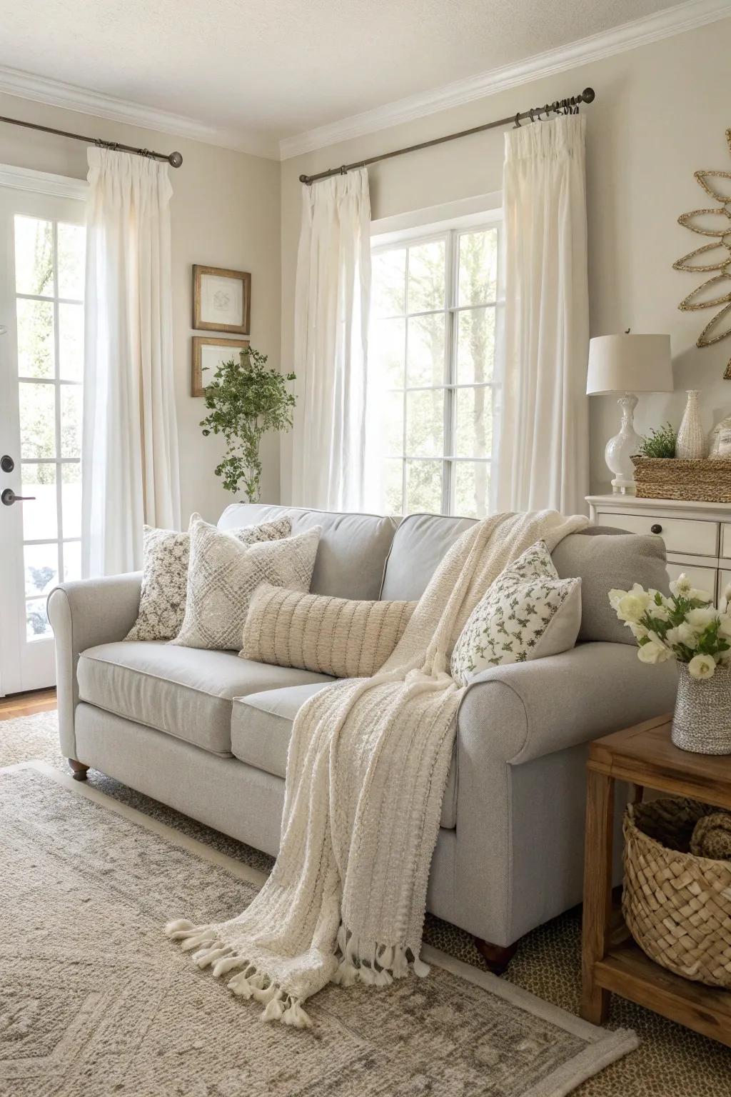 A tranquil, neutral scheme highlighted by a light grey couch as its focal point.