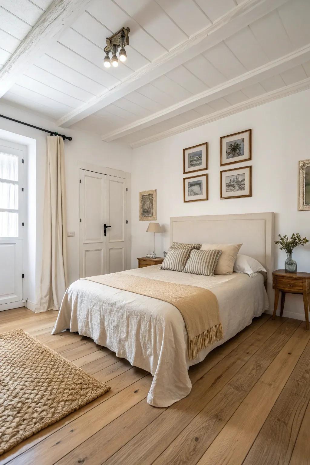 Calming neutral shades enhance the serene impact of light wood flooring.