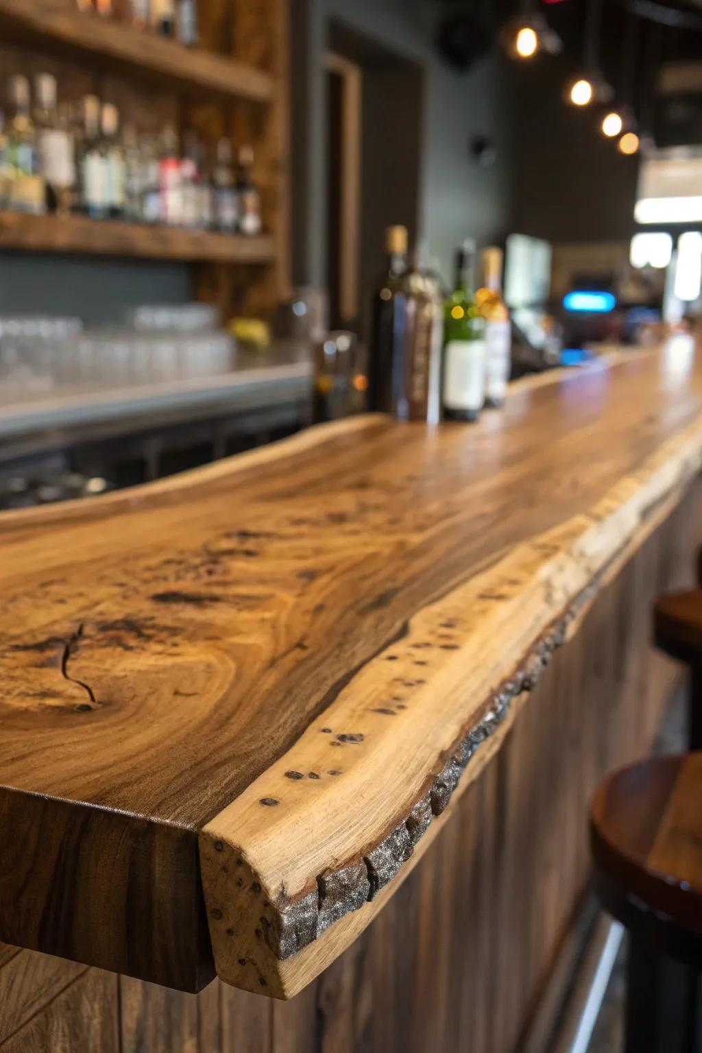 A close-up shot of a natural-edge bar highlighting the elaborate raw grain and feel of the wood.