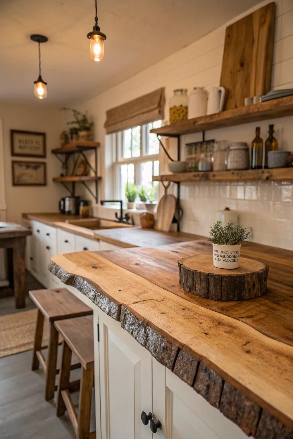 A kitchen showcasing the standout natural wood texture of a live edge countertop.