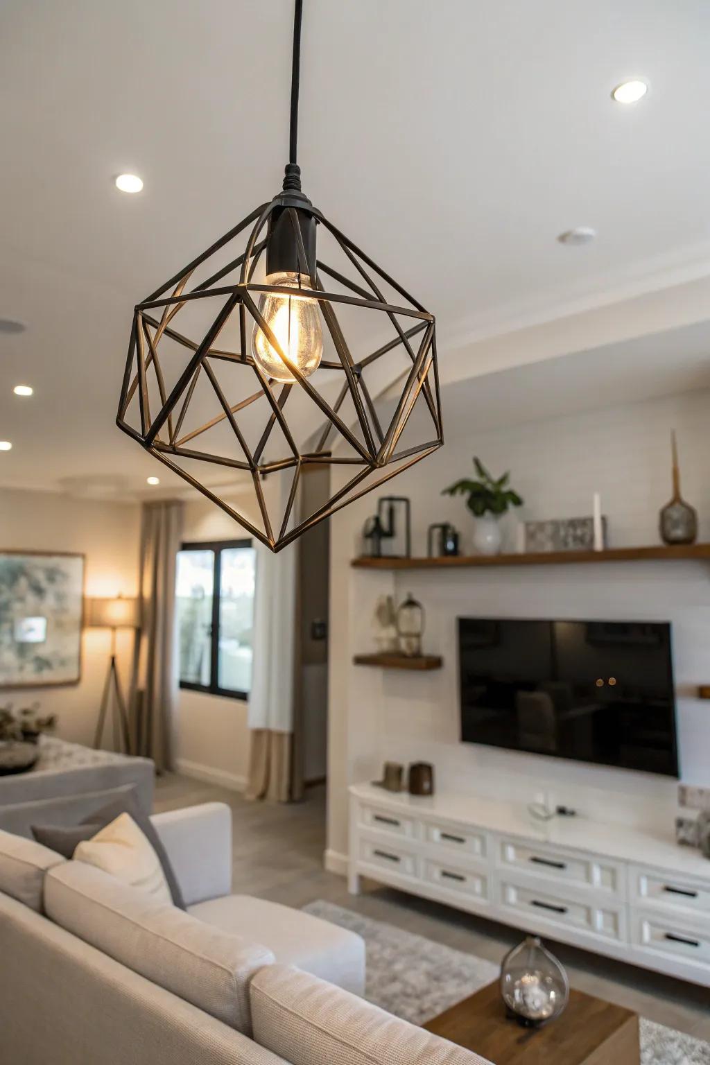 Angular pendants infuse a space with modern charm thanks to their eye-catching forms.