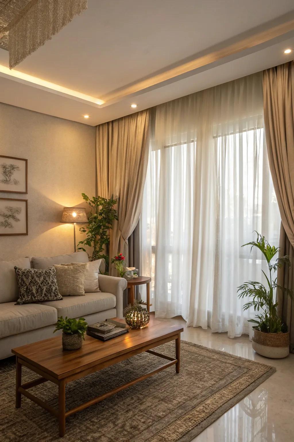 Bring extra charm to your living room by using curtains that stretch from the floor to the ceiling.