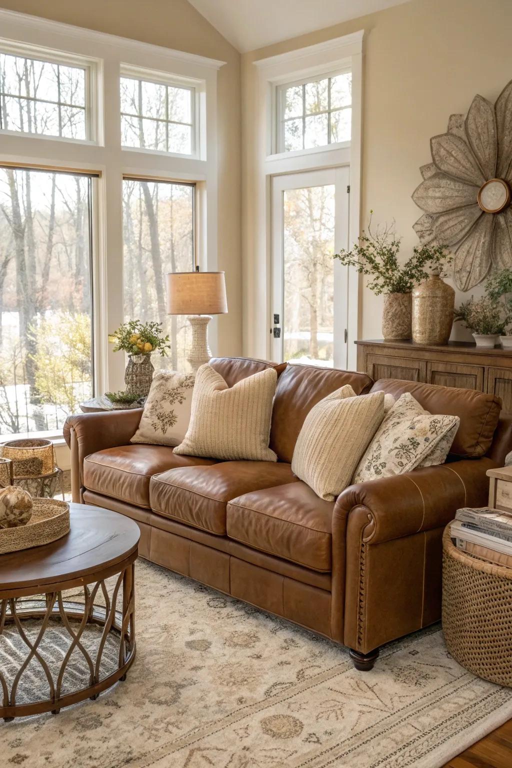 Neutral shades go well with the tan dermide couch.