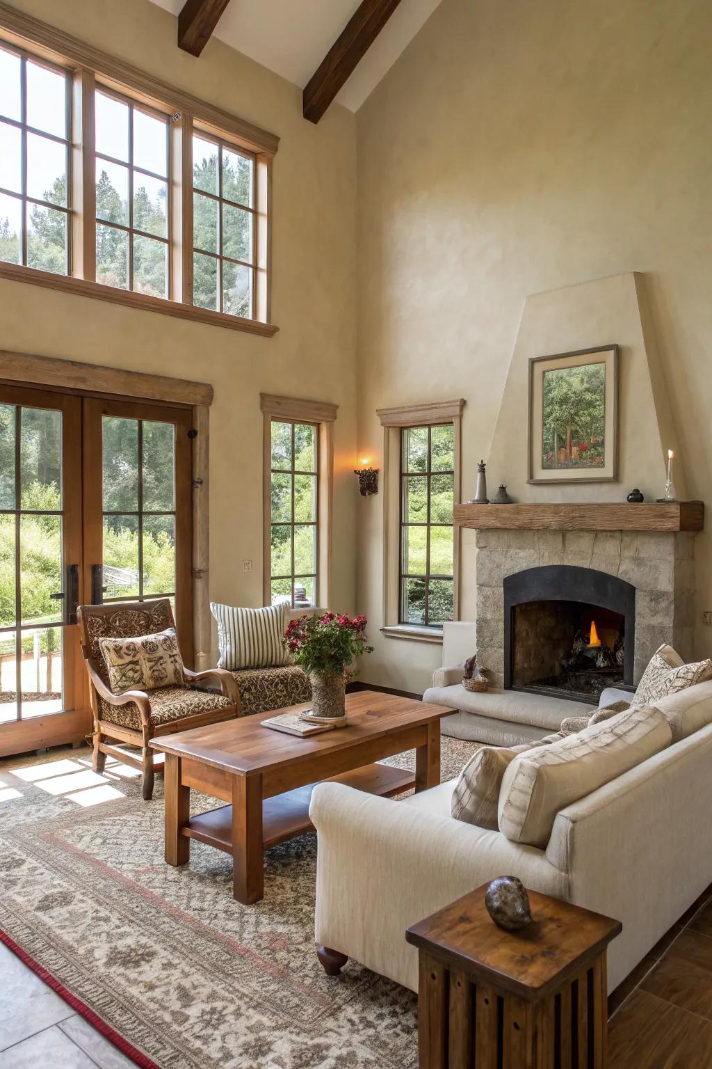 Soothing colors lay the groundwork for an ideal farmhouse family room.
