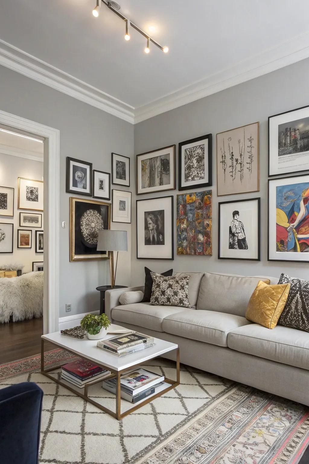 Establish your gallery wall's foundation with a substantial piece and elaborate around it for a traditional aesthetic.