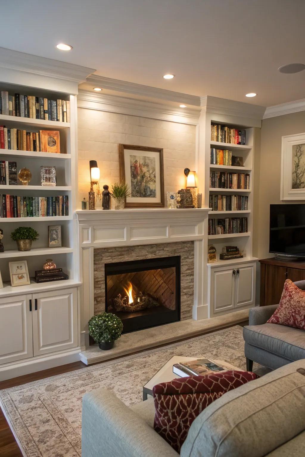 Sophisticated built-in shelves surrounding a comfortable fireplace.