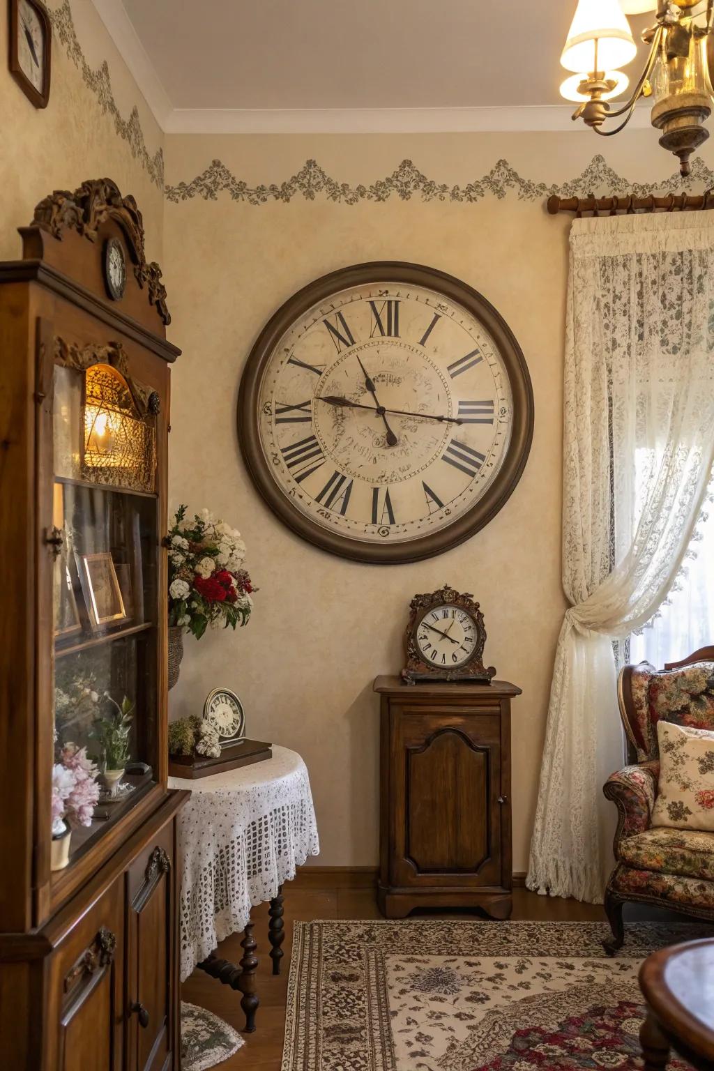 A vintage clock brings classic sophistication to a comfortable living area.