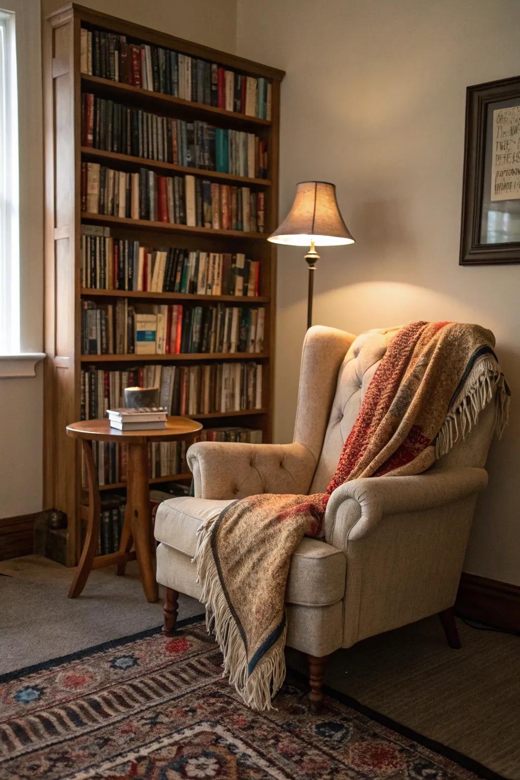 A comfortable reading area, ideal for those who enjoy books to unwind and relax.