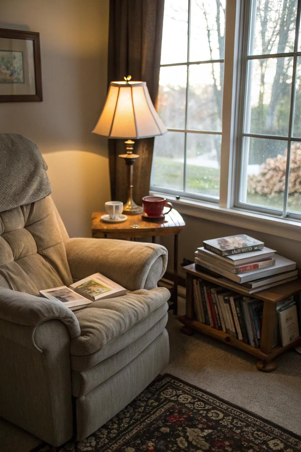 A tranquil reading nook featuring a comfortable recliner, ideal for relaxation.