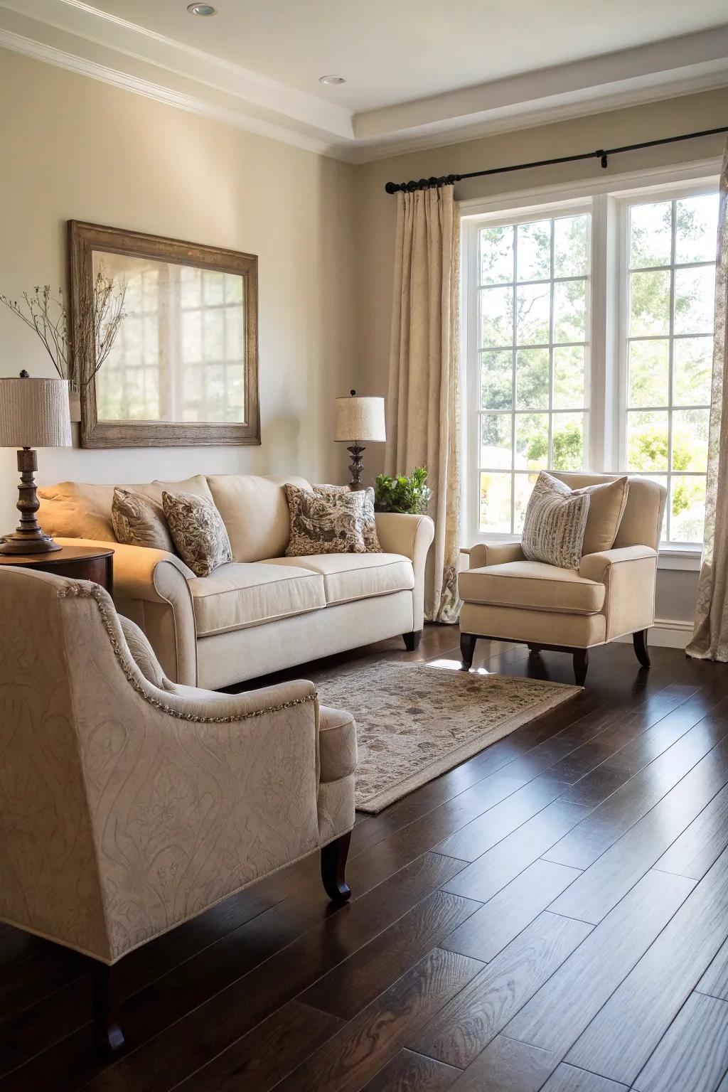 Bright furniture establishes a striking contrast against dark wood floors.