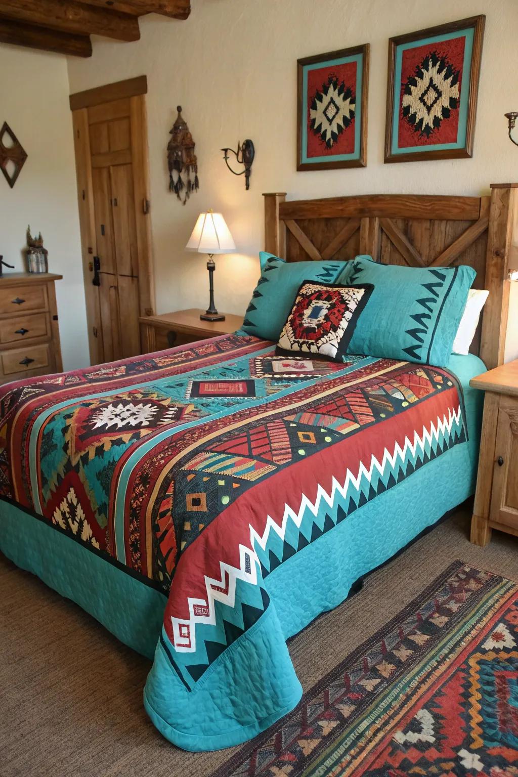 Southwestern bedding introduces a hint of Western sophistication to the bedroom.