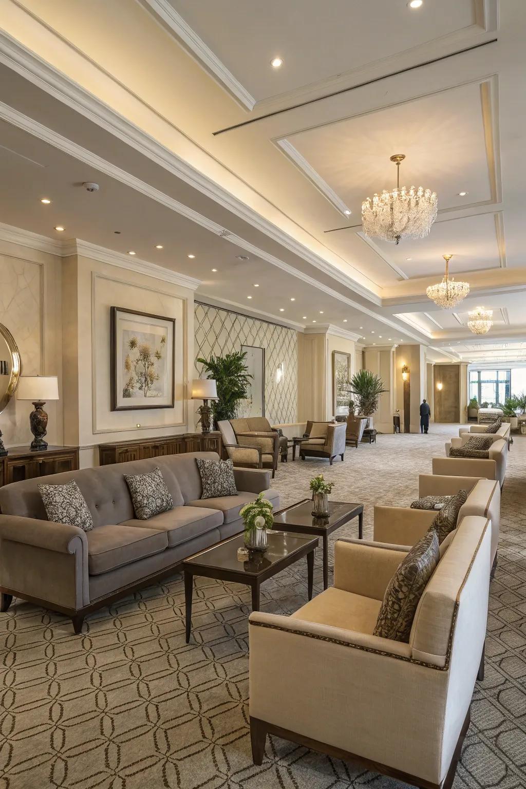 A lounge featuring two sitting areas designed for adaptable use and increased intimacy.