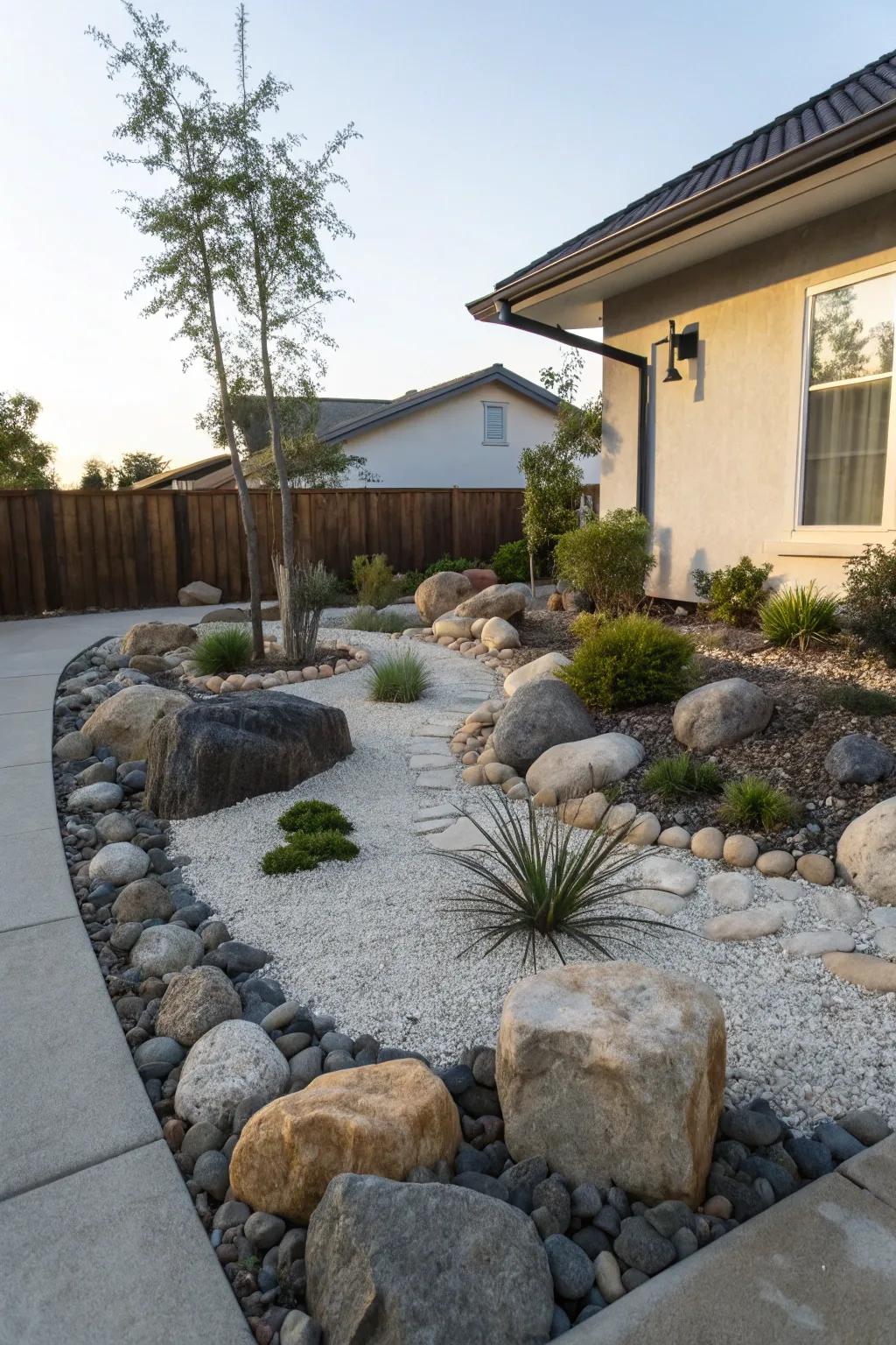 A calm rock sanctuary showcasing a variety of rock sizes and simple plantings.