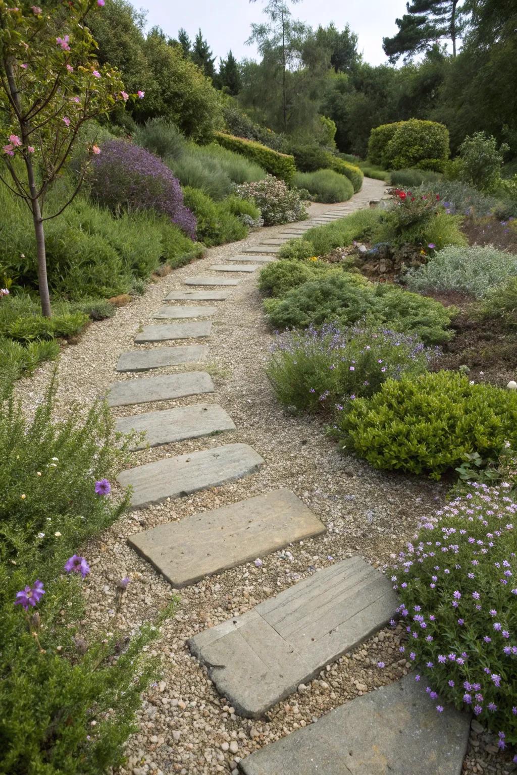A gravel pathway surrounded by lush, low-maintenance plants.