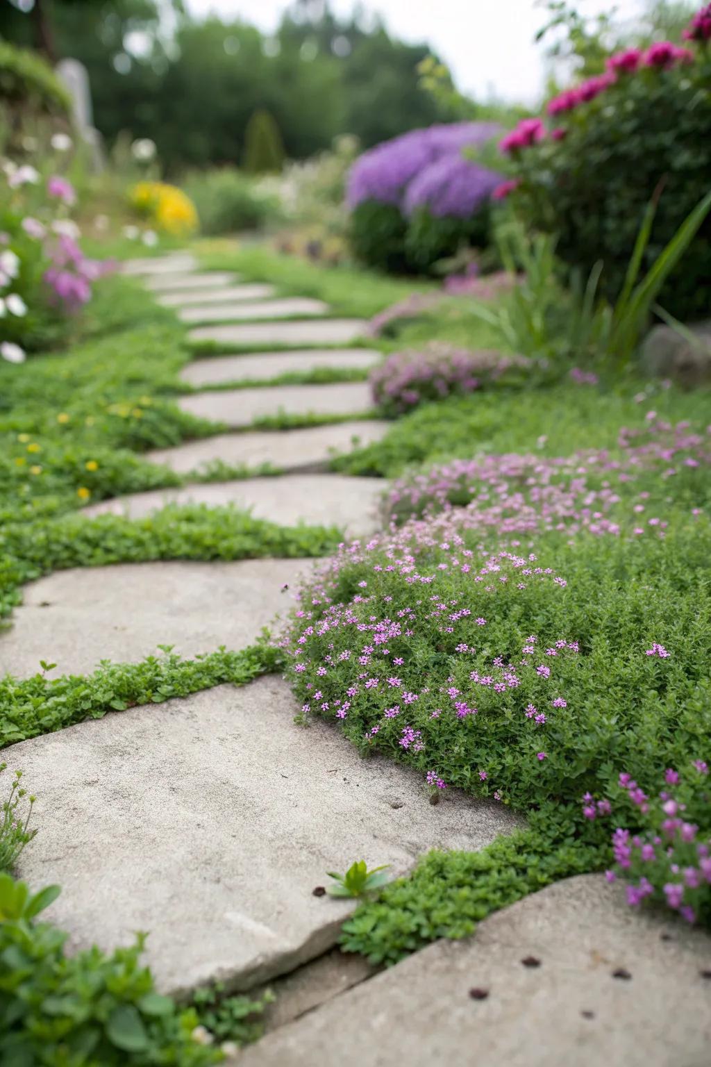 Creeping Thyme filling the spaces between garden stepping stones.