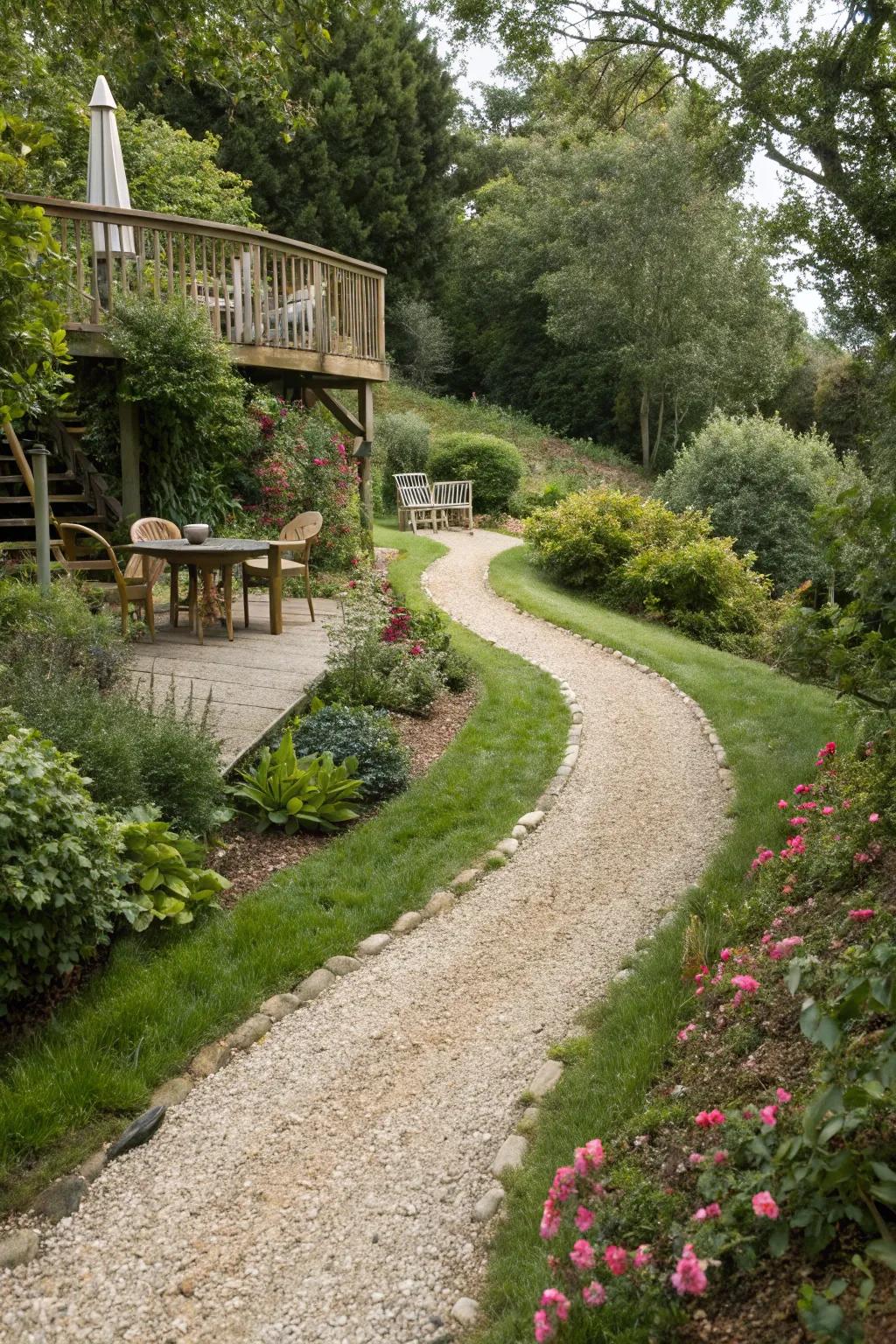 A stone pathway meandering through a garden, directing toward a raised deck.