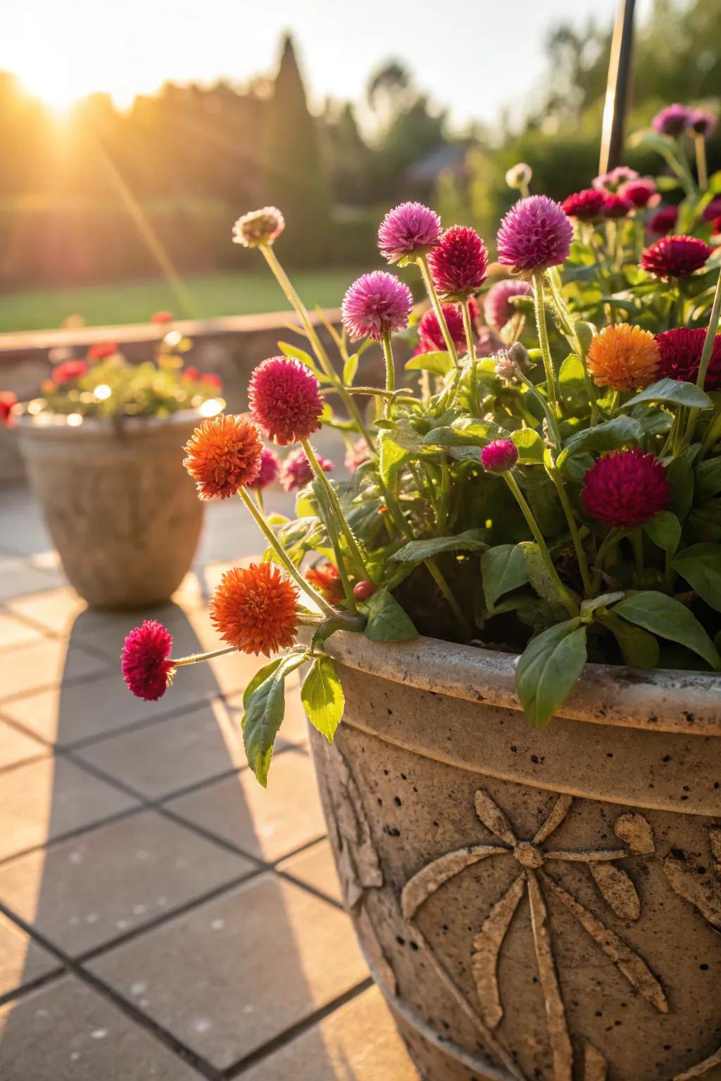 Globeflower adding joy to a bright patio.