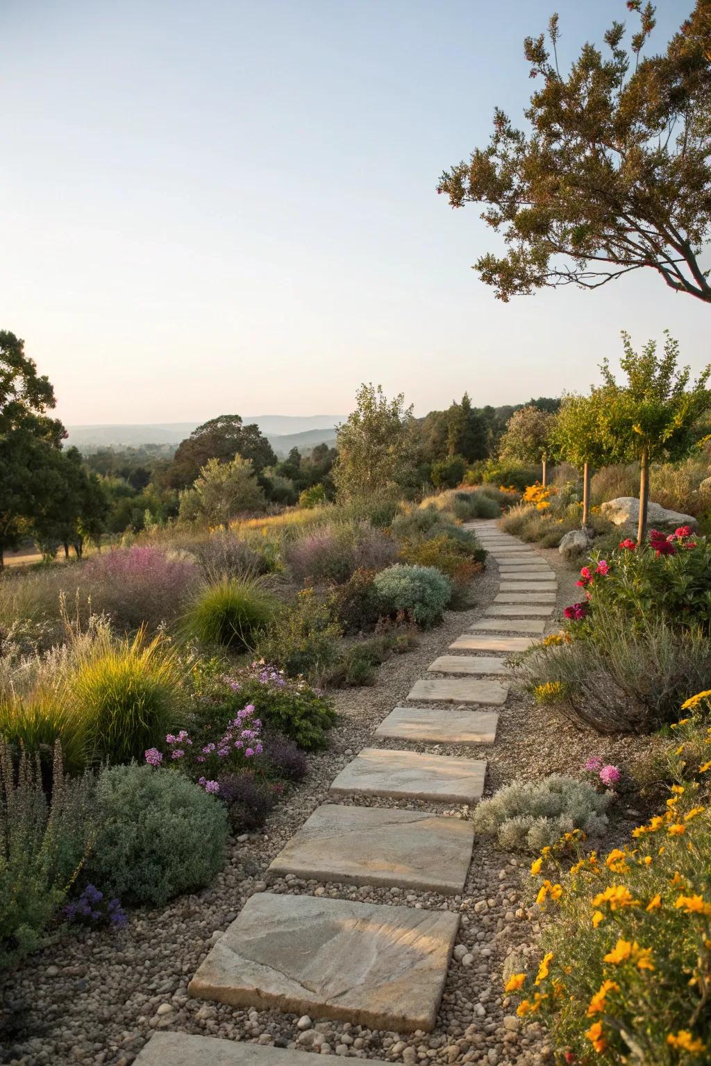 An elegantly marked walkway edged with stones introduces order and grace.