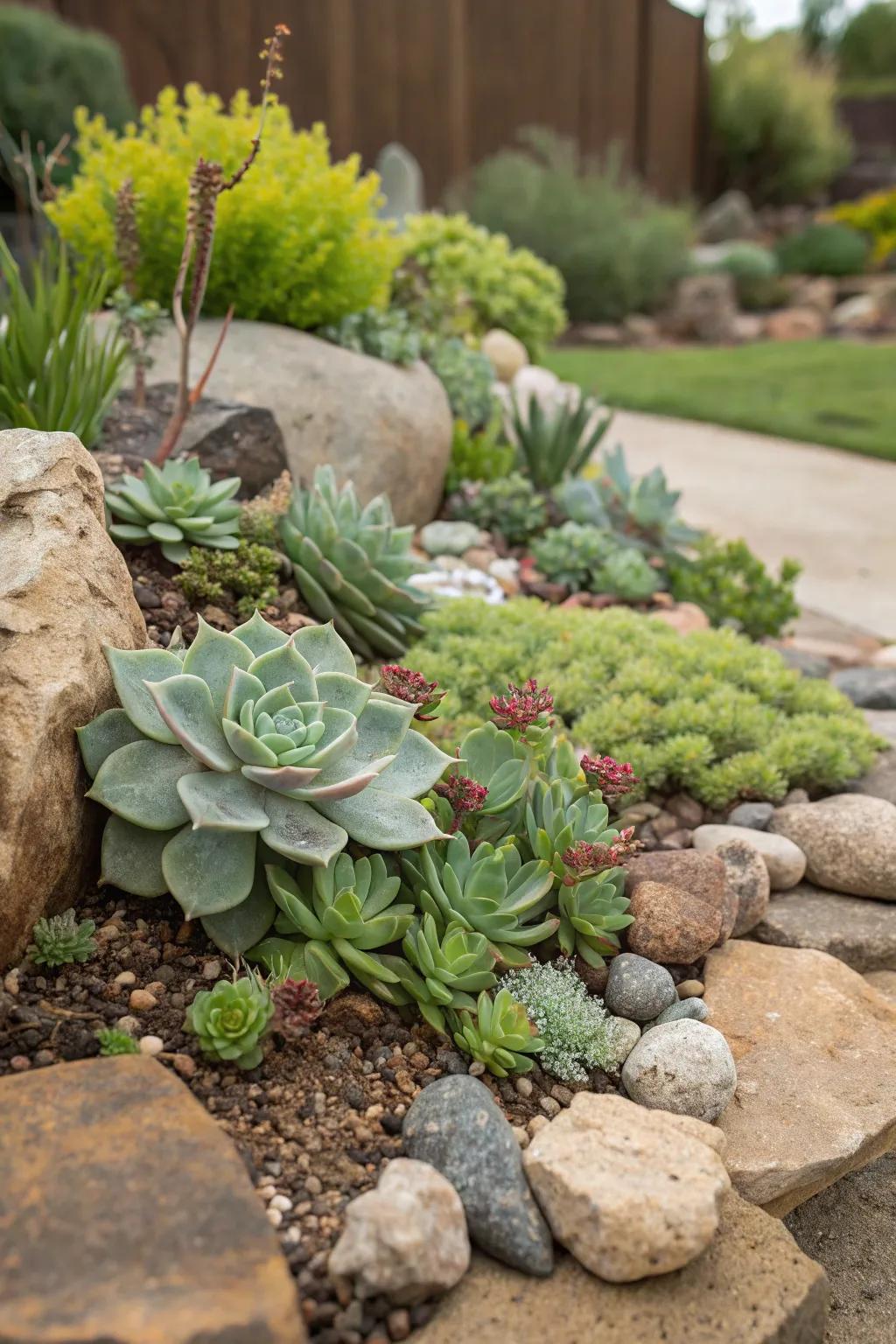 Lively succulents positioned among stones in a garden setting.