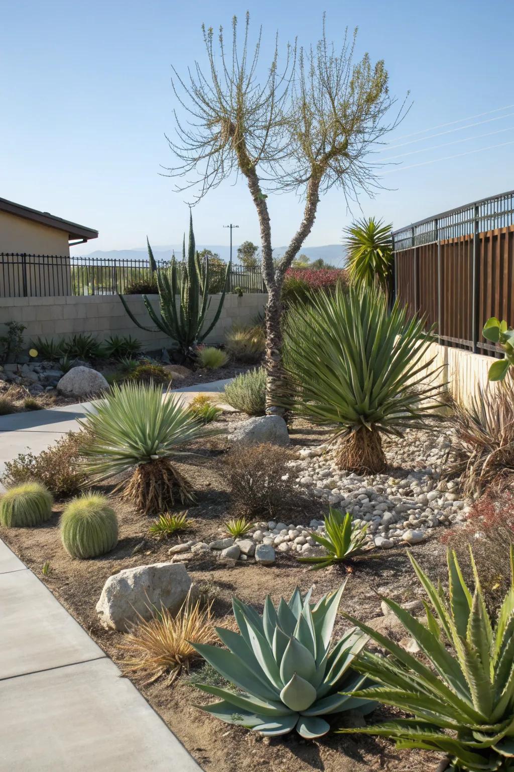 Local agaves and yuccas bring structure and sustainability to a xeriscape front garden.