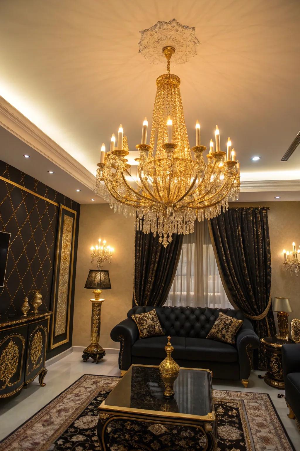 A gilded chandelier positioned as a key focal element in a sumptuous living space.