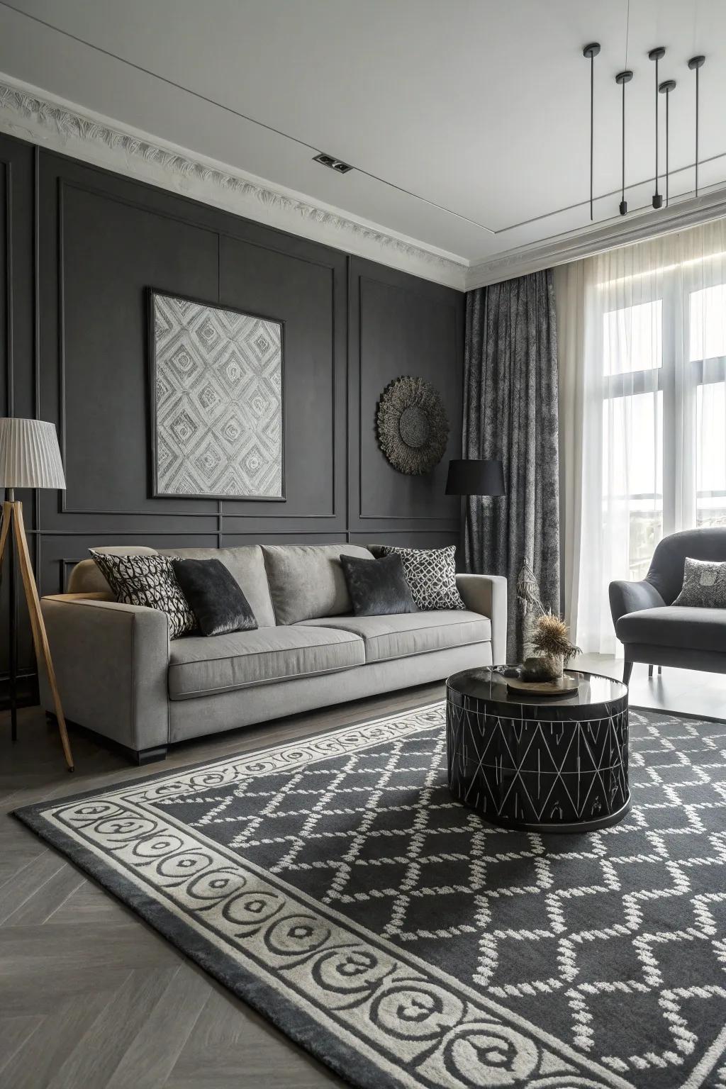 A single-color palette gives refinement to a black and white living space.