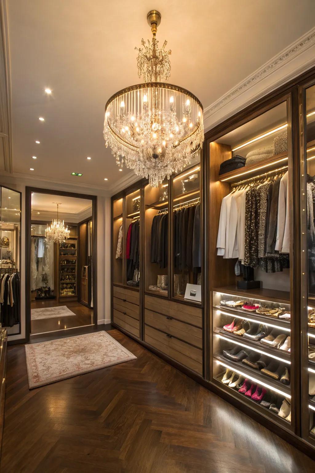 A magnificent light fixture commands attention as the focal element in a lavish closet.