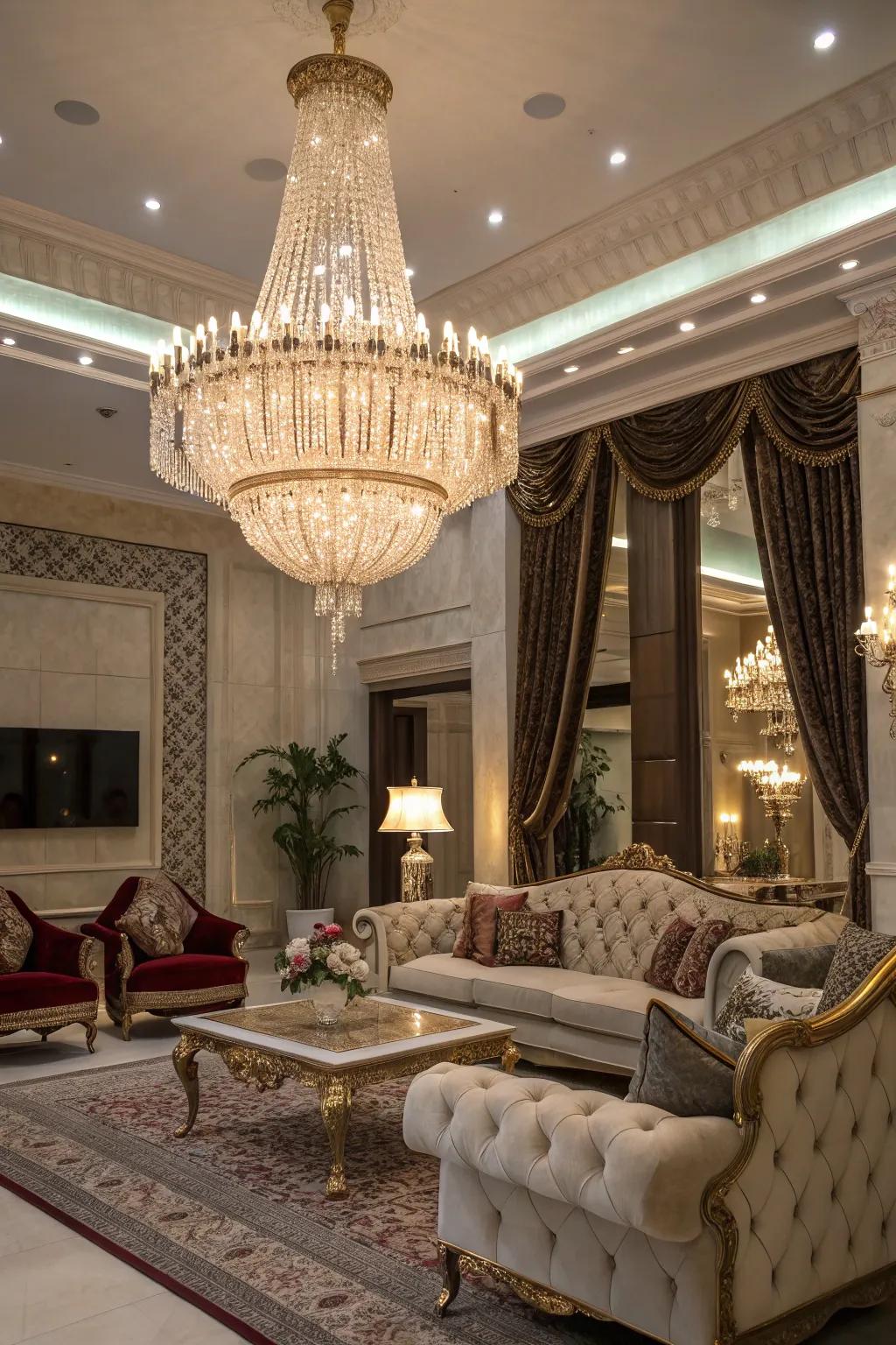A grand fixture stands out as the main feature in this stylish living room.