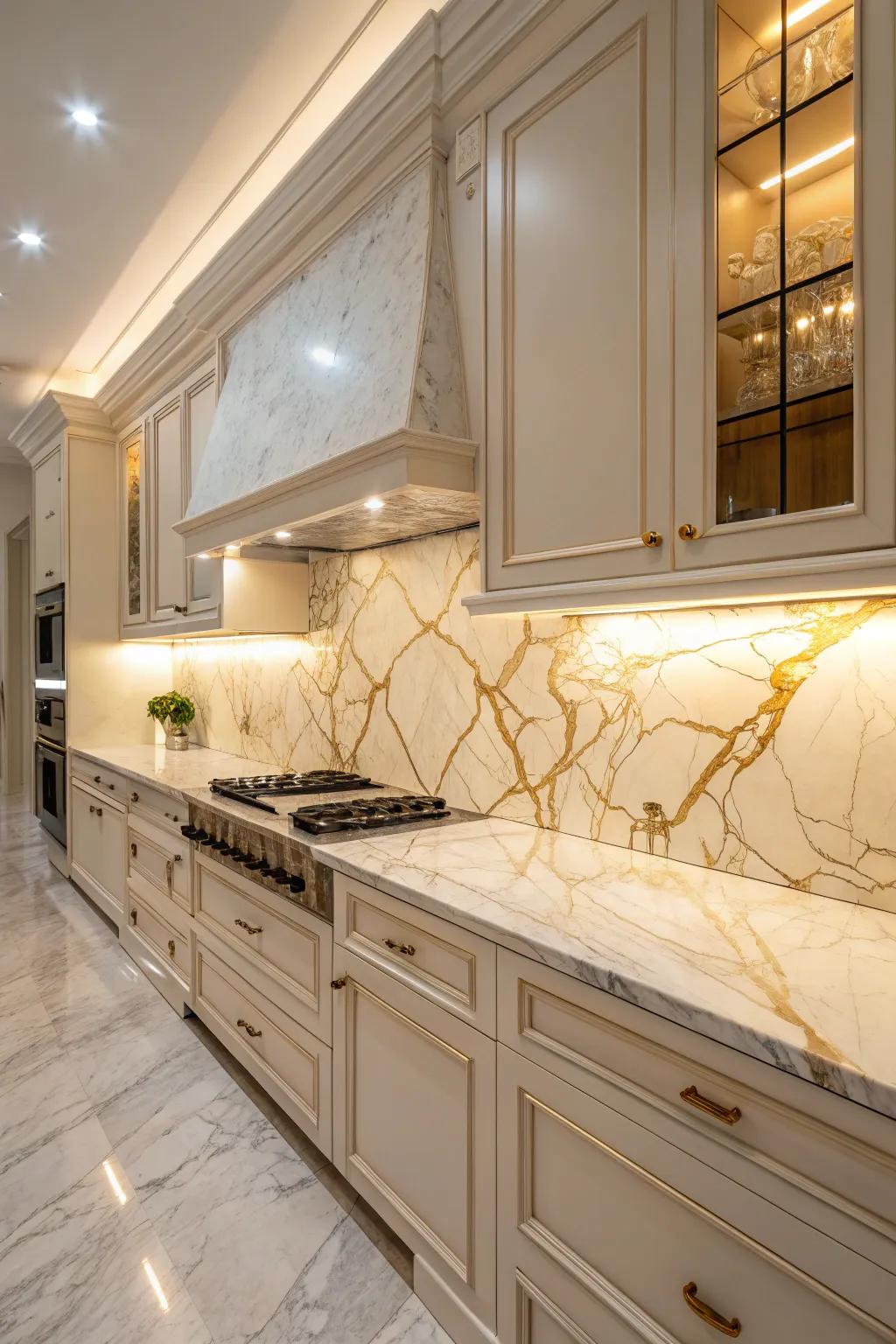 Luxury kitchen featuring marble countertops and backsplash.
