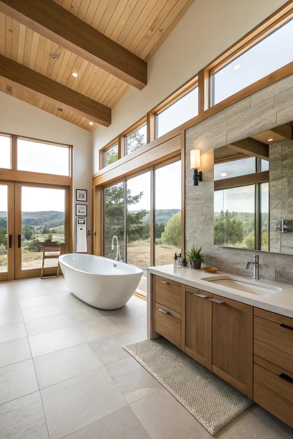 An expansive, contemporary primary bathroom featuring a minimalist design that boosts movement and comfort.