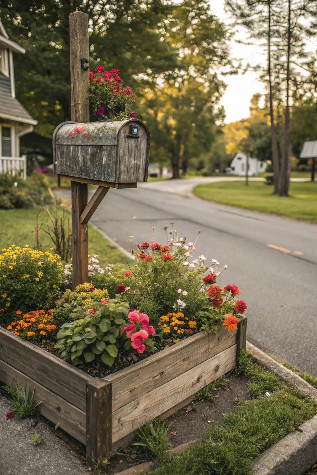 Timber borders beautifully frame this enchanting mailbox flower bed.