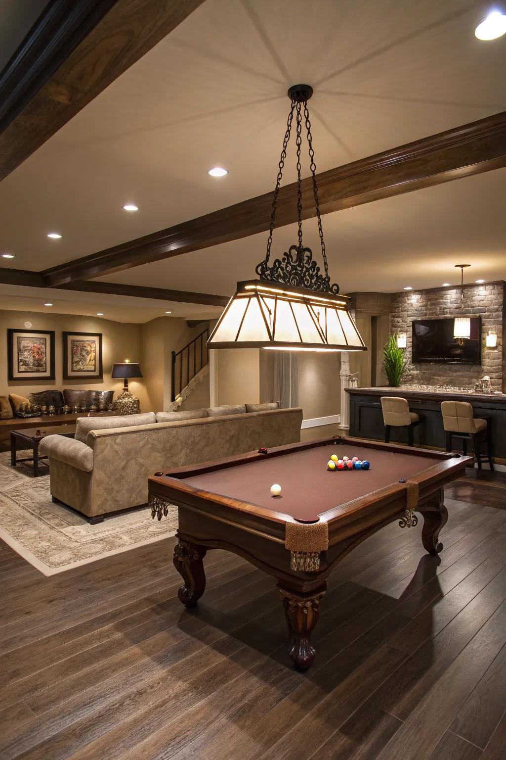 A classic game center table introduces sophistication and amusement to your subterranean retreat.