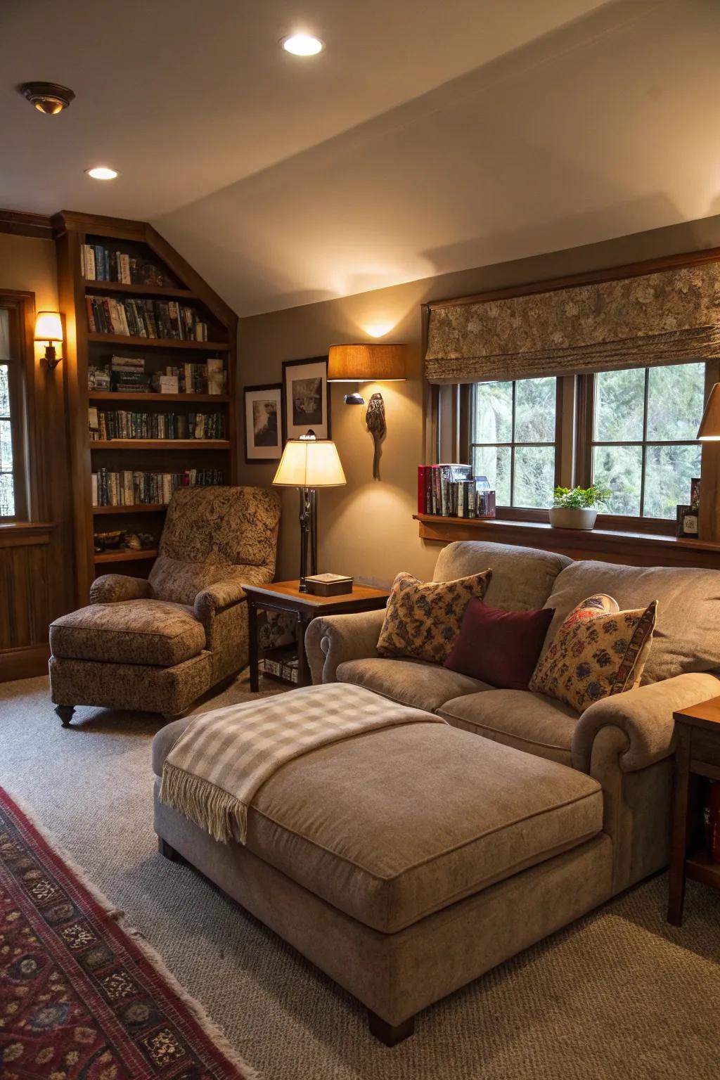 A chill zone with plush seating and a stylish daybed.