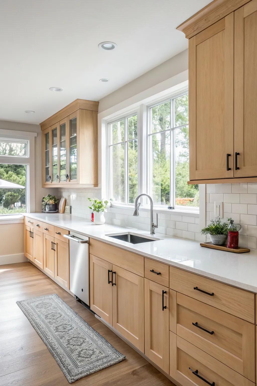 A luminous kitchen featuring pale birchwood units, radiating warmth and sophistication.