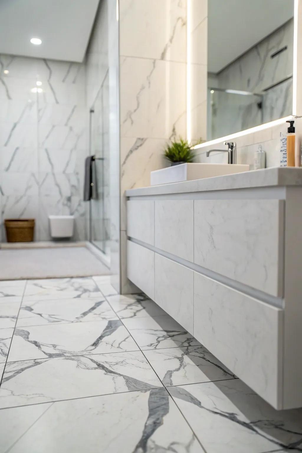 A serene bathroom highlighted by a neutral color scheme, showcasing white and grey artificial marble stone surfaces.